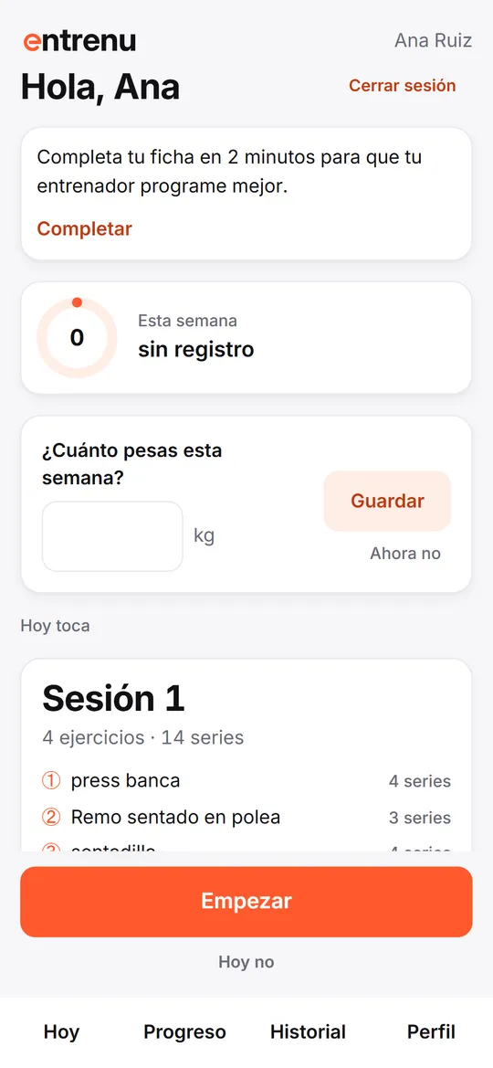 Pantalla Hoy del cliente: la sesión que toca, el anillo de la semana y el botón Empezar
